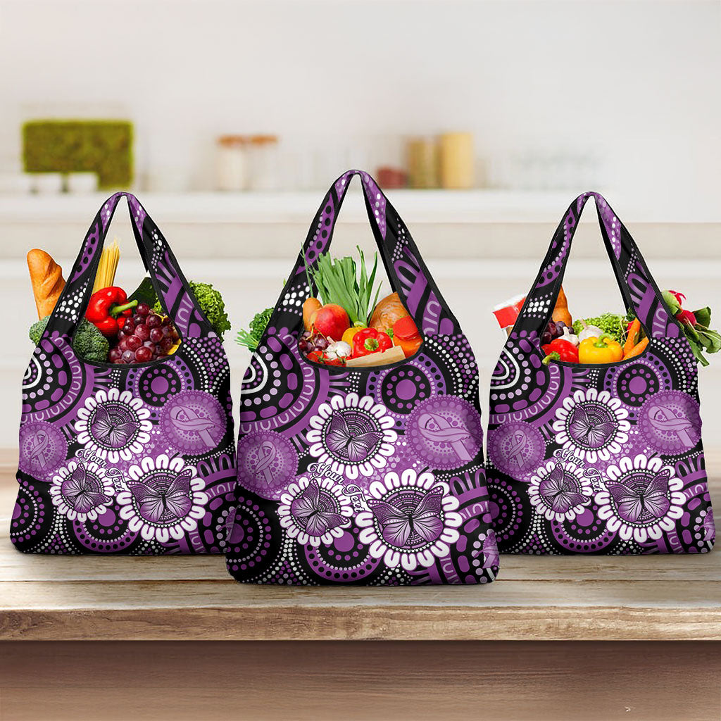 Australia Indigenous Butterflies Personalised Grocery Bag Lupus Support Purple Ribbon Aboriginal Art