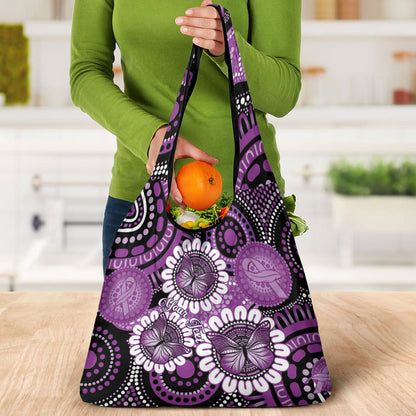 Australia Indigenous Butterflies Personalised Grocery Bag Lupus Support Purple Ribbon Aboriginal Art