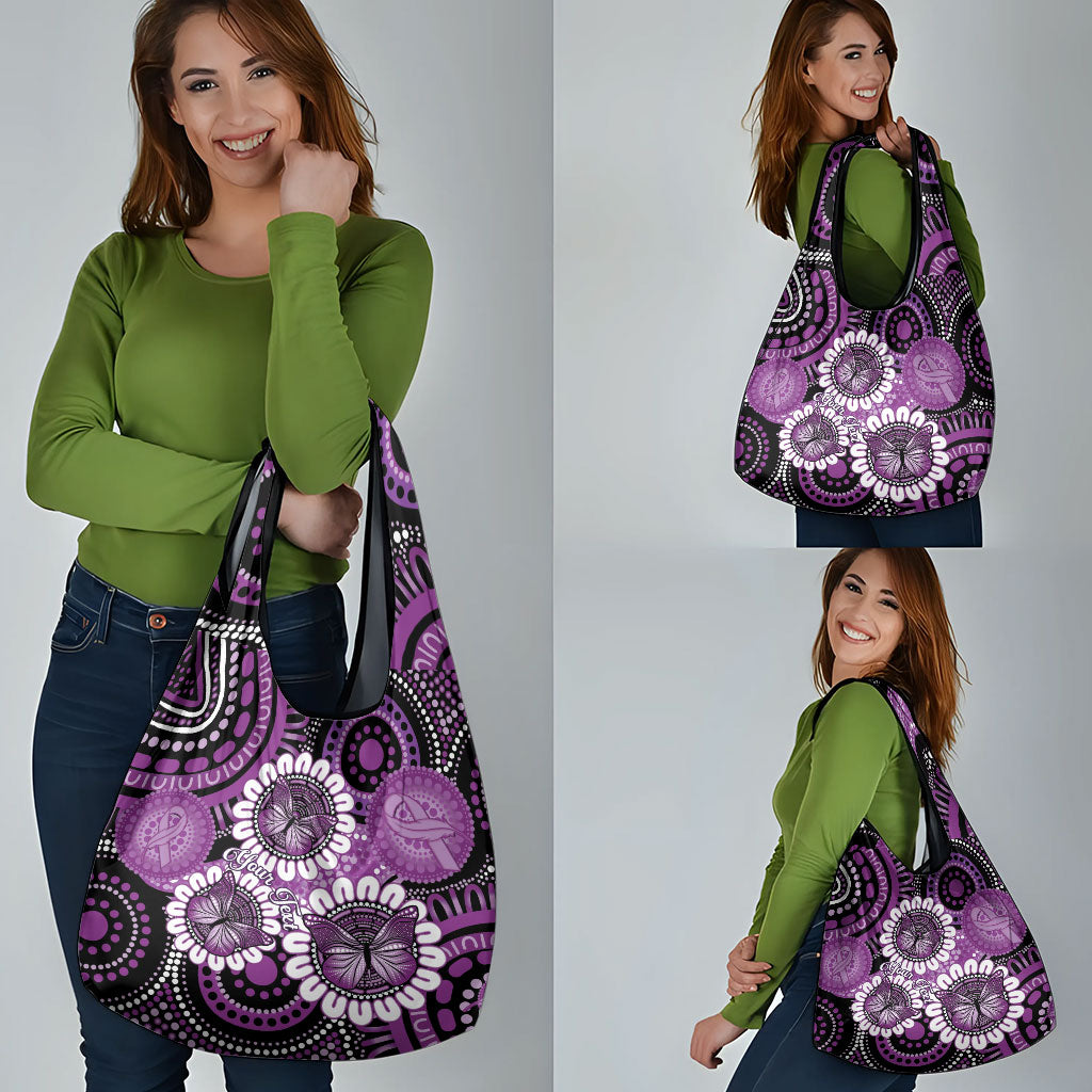 Australia Indigenous Butterflies Personalised Grocery Bag Lupus Support Purple Ribbon Aboriginal Art