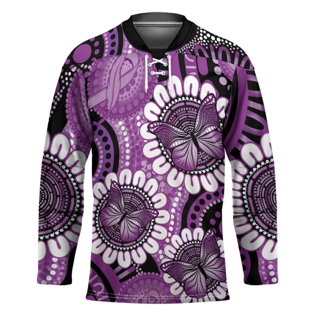 Australia Indigenous Butterflies Personalised Hockey Jersey Lupus Support Purple Ribbon Aboriginal Art