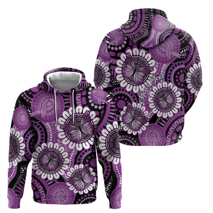 Australia Indigenous Butterflies Personalised Hoodie Lupus Support Purple Ribbon Aboriginal Art