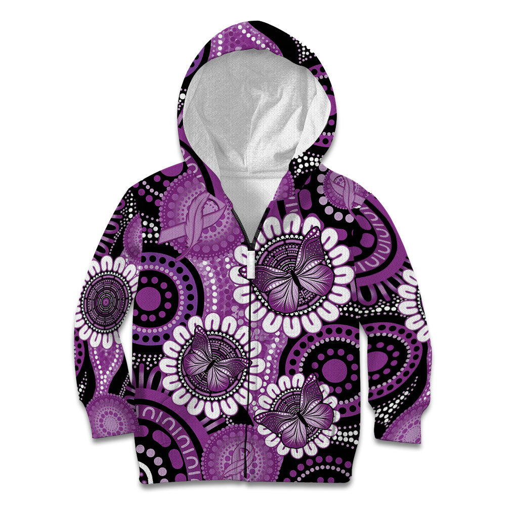 Australia Indigenous Butterflies Personalised Kid Hoodie Lupus Support Purple Ribbon Aboriginal Art