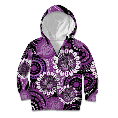 Australia Indigenous Butterflies Personalised Kid Hoodie Lupus Support Purple Ribbon Aboriginal Art