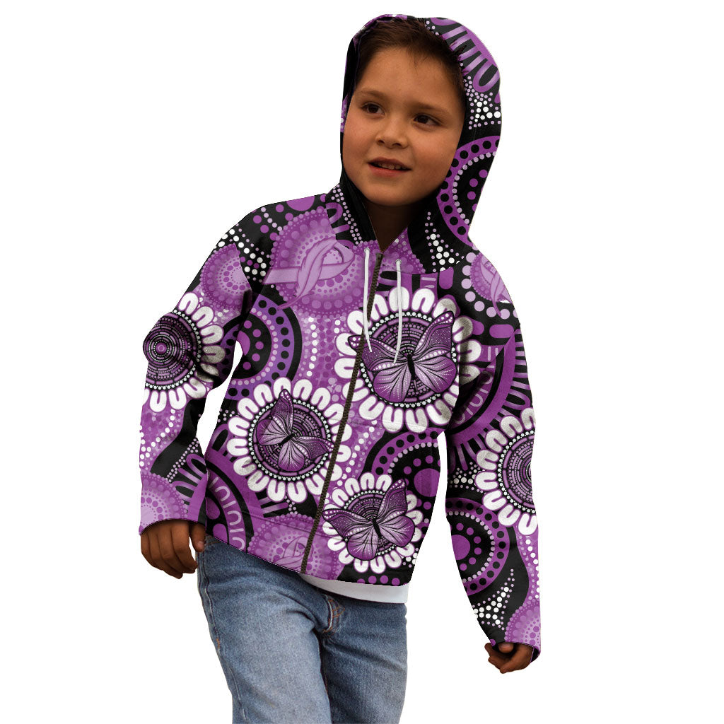 Australia Indigenous Butterflies Personalised Kid Hoodie Lupus Support Purple Ribbon Aboriginal Art