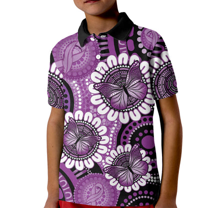 Australia Indigenous Butterflies Personalised Kid Polo Shirt Lupus Support Purple Ribbon Aboriginal Art