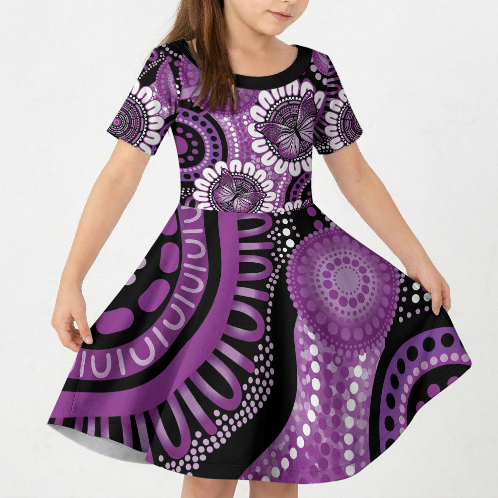 Australia Indigenous Butterflies Personalised Kid Short Sleeve Dress Lupus Support Purple Ribbon Aboriginal Art