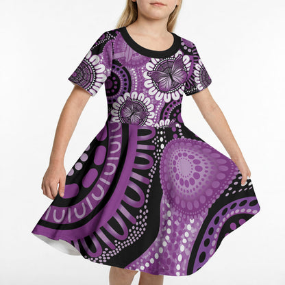 Australia Indigenous Butterflies Personalised Kid Short Sleeve Dress Lupus Support Purple Ribbon Aboriginal Art