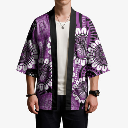 Australia Indigenous Butterflies Personalised Kimono Lupus Support Purple Ribbon Aboriginal Art