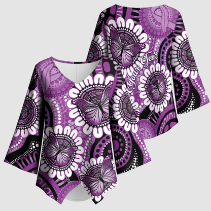 Australia Indigenous Butterflies Personalised Kimono Sleeve Blouse Lupus Support Purple Ribbon Aboriginal Art