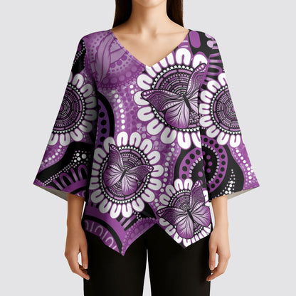 Australia Indigenous Butterflies Personalised Kimono Sleeve Blouse Lupus Support Purple Ribbon Aboriginal Art