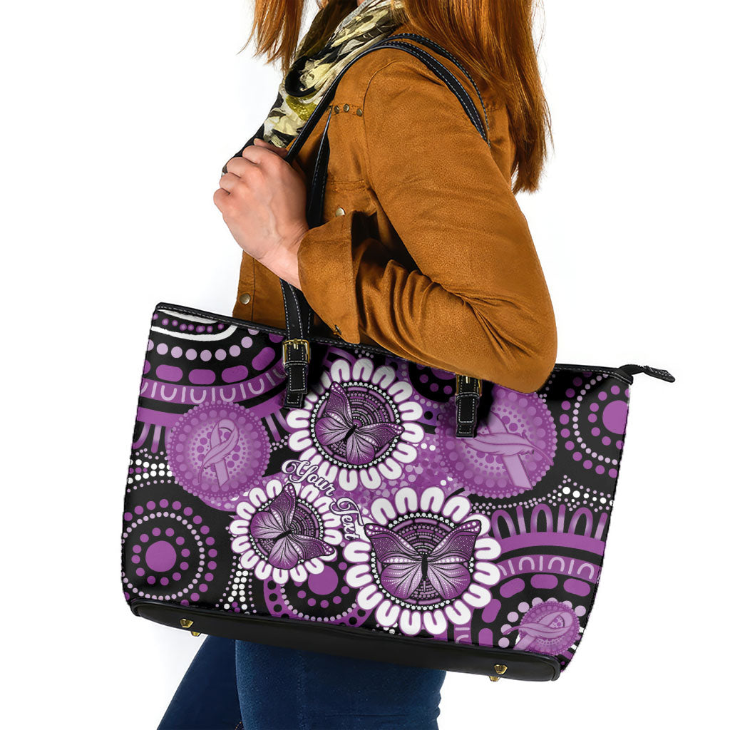 Australia Indigenous Butterflies Personalised Leather Tote Bag Lupus Support Purple Ribbon Aboriginal Art