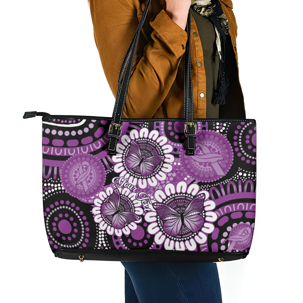 Australia Indigenous Butterflies Personalised Leather Tote Bag Lupus Support Purple Ribbon Aboriginal Art