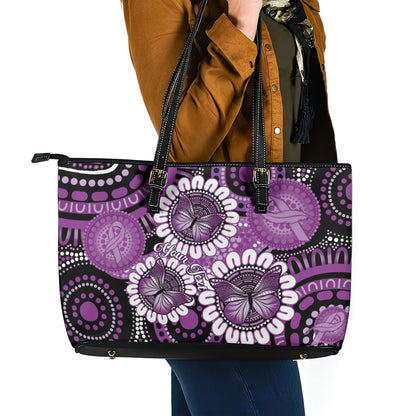 Australia Indigenous Butterflies Personalised Leather Tote Bag Lupus Support Purple Ribbon Aboriginal Art