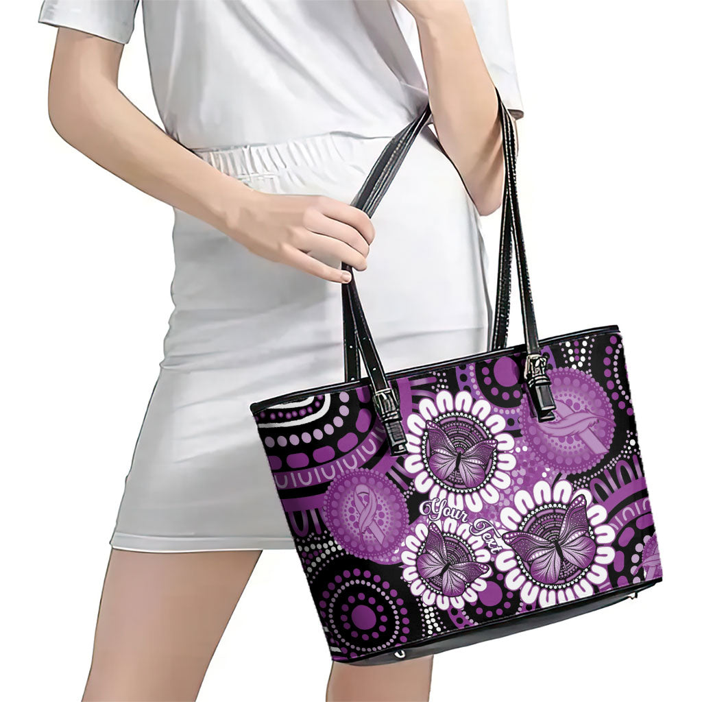 Australia Indigenous Butterflies Personalised Leather Tote Bag Lupus Support Purple Ribbon Aboriginal Art