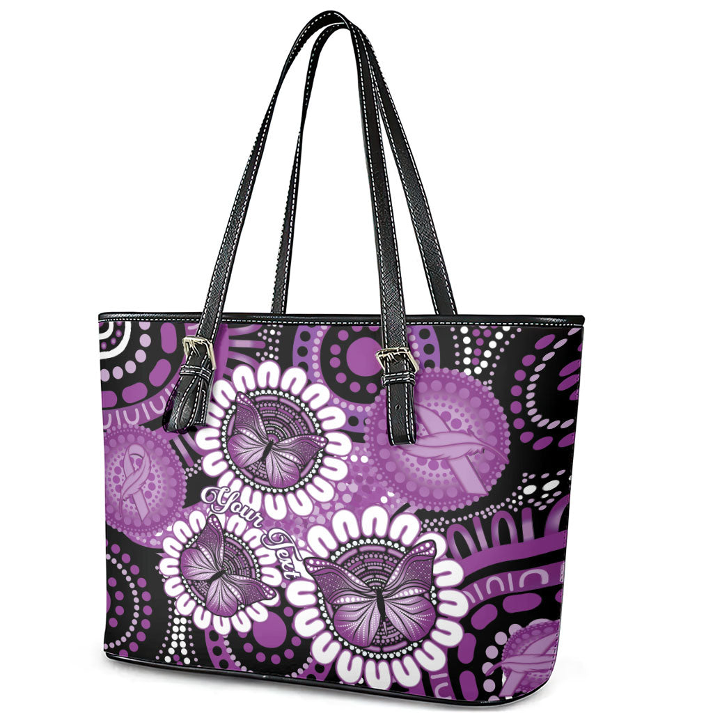 Australia Indigenous Butterflies Personalised Leather Tote Bag Lupus Support Purple Ribbon Aboriginal Art