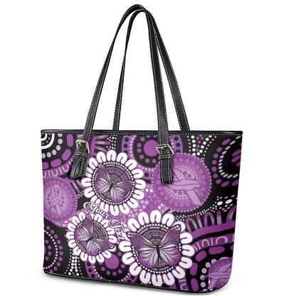 Australia Indigenous Butterflies Personalised Leather Tote Bag Lupus Support Purple Ribbon Aboriginal Art