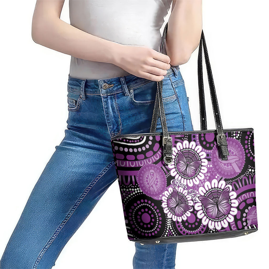 Australia Indigenous Butterflies Personalised Leather Tote Bag Lupus Support Purple Ribbon Aboriginal Art