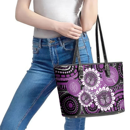 Australia Indigenous Butterflies Personalised Leather Tote Bag Lupus Support Purple Ribbon Aboriginal Art