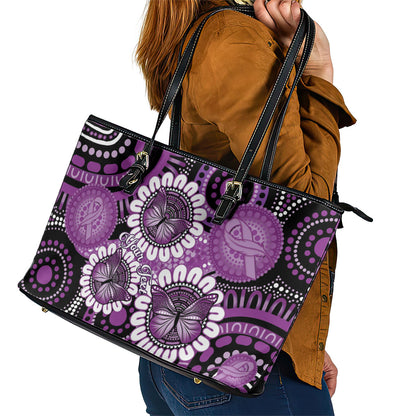 Australia Indigenous Butterflies Personalised Leather Tote Bag Lupus Support Purple Ribbon Aboriginal Art