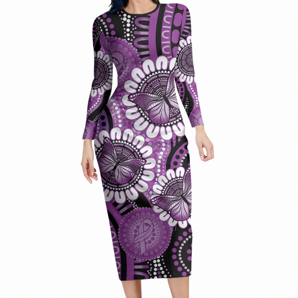 Australia Indigenous Butterflies Personalised Long Sleeve Bodycon Dress Lupus Support Purple Ribbon Aboriginal Art