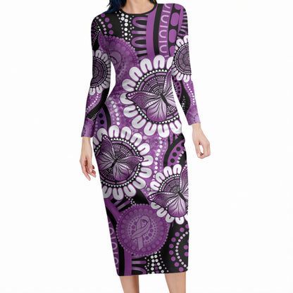 Australia Indigenous Butterflies Personalised Long Sleeve Bodycon Dress Lupus Support Purple Ribbon Aboriginal Art