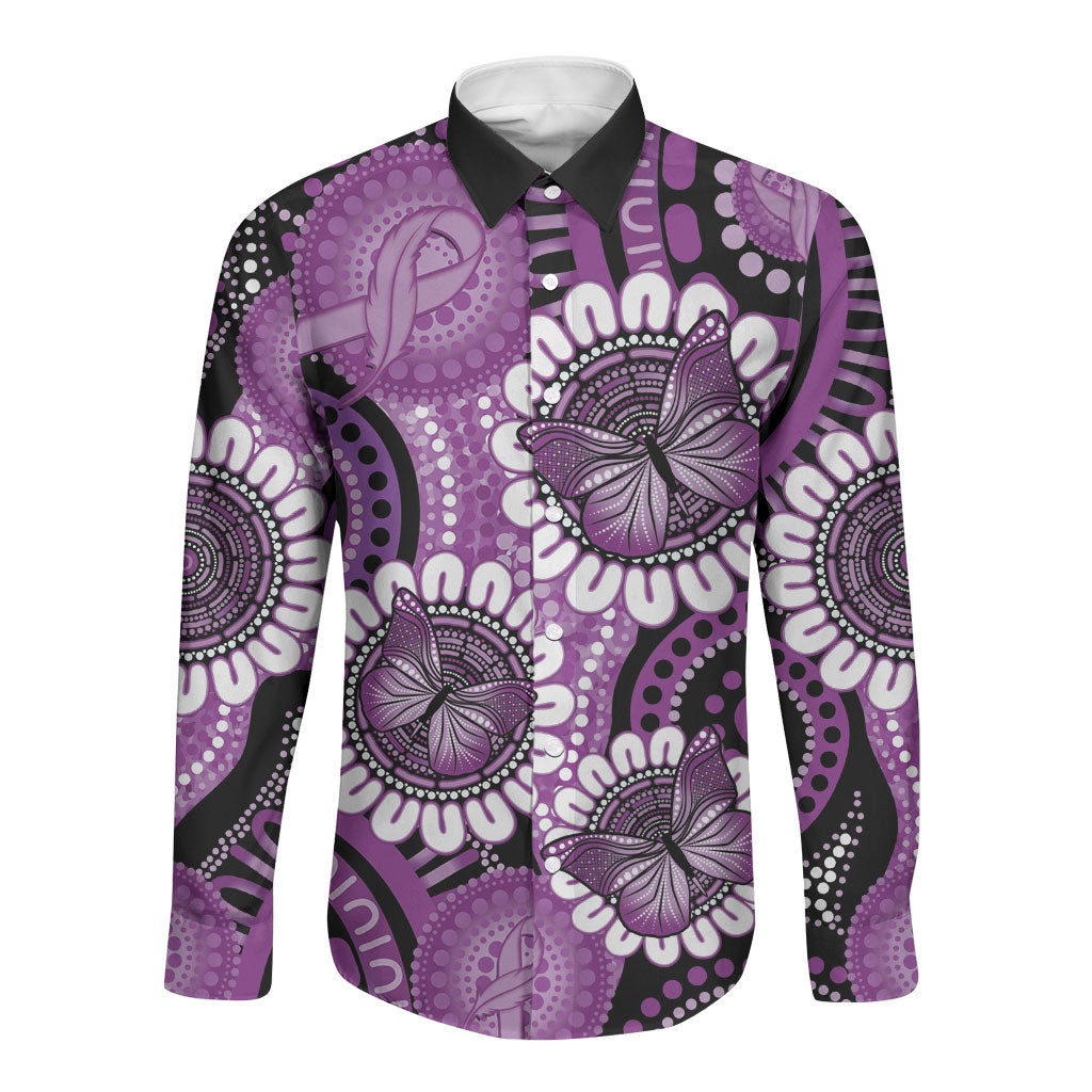 Australia Indigenous Butterflies Personalised Long Sleeve Button Shirt Lupus Support Purple Ribbon Aboriginal Art