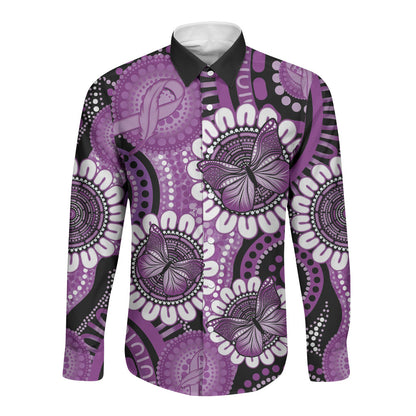 Australia Indigenous Butterflies Personalised Long Sleeve Button Shirt Lupus Support Purple Ribbon Aboriginal Art