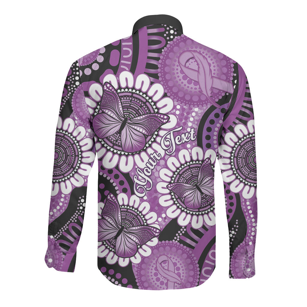 Australia Indigenous Butterflies Personalised Long Sleeve Button Shirt Lupus Support Purple Ribbon Aboriginal Art