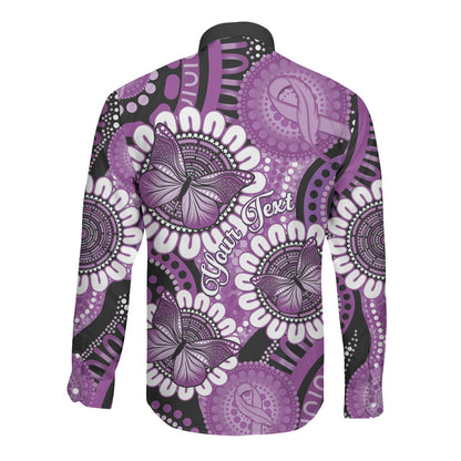 Australia Indigenous Butterflies Personalised Long Sleeve Button Shirt Lupus Support Purple Ribbon Aboriginal Art
