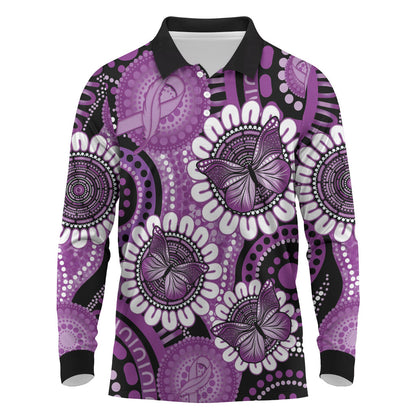 Australia Indigenous Butterflies Personalised Long Sleeve Polo Shirt Lupus Support Purple Ribbon Aboriginal Art