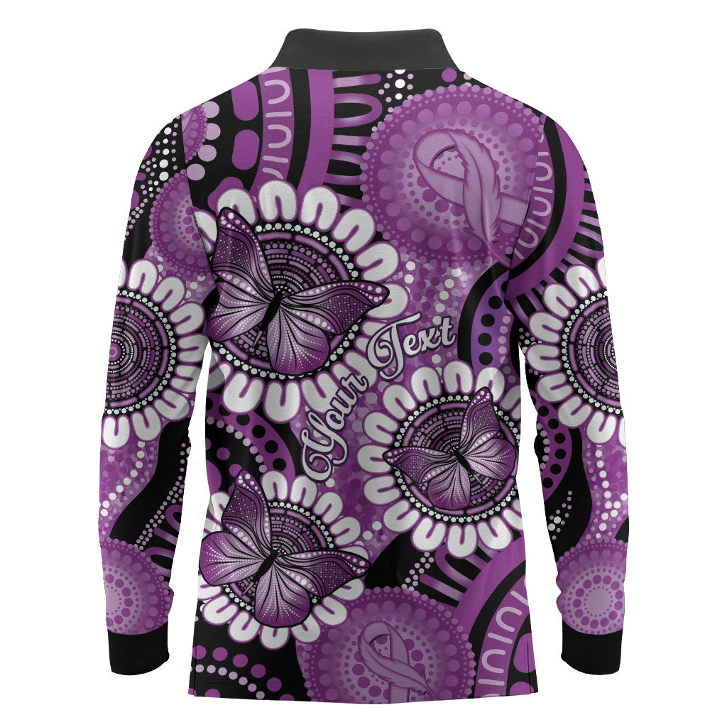 Australia Indigenous Butterflies Personalised Long Sleeve Polo Shirt Lupus Support Purple Ribbon Aboriginal Art