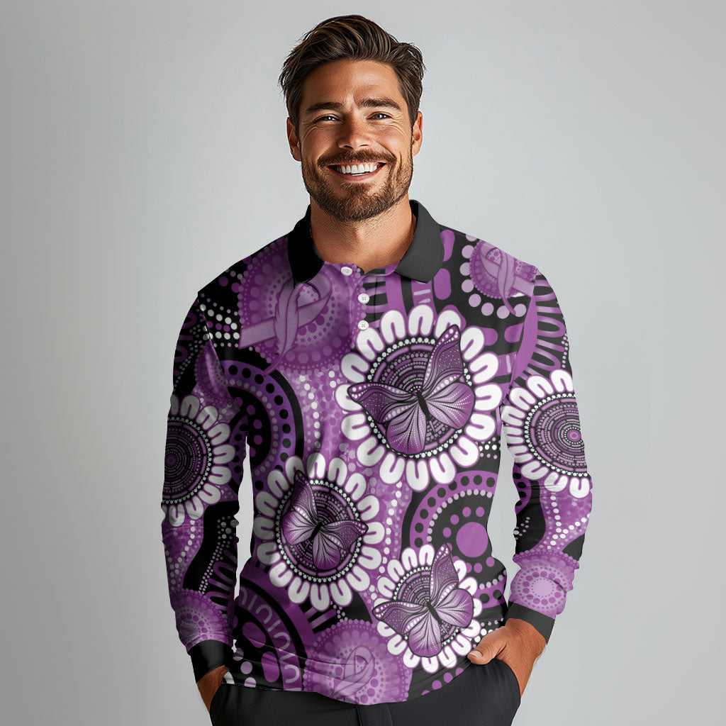 Australia Indigenous Butterflies Personalised Long Sleeve Polo Shirt Lupus Support Purple Ribbon Aboriginal Art