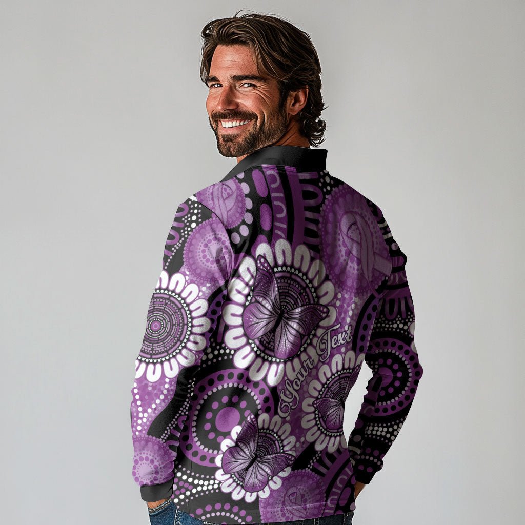 Australia Indigenous Butterflies Personalised Long Sleeve Polo Shirt Lupus Support Purple Ribbon Aboriginal Art