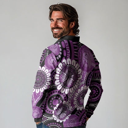 Australia Indigenous Butterflies Personalised Long Sleeve Polo Shirt Lupus Support Purple Ribbon Aboriginal Art