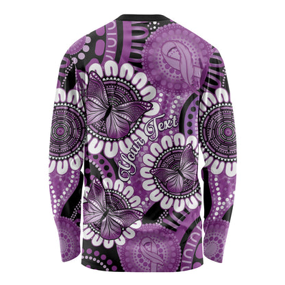Australia Indigenous Butterflies Personalised Long Sleeve Shirt Lupus Support Purple Ribbon Aboriginal Art