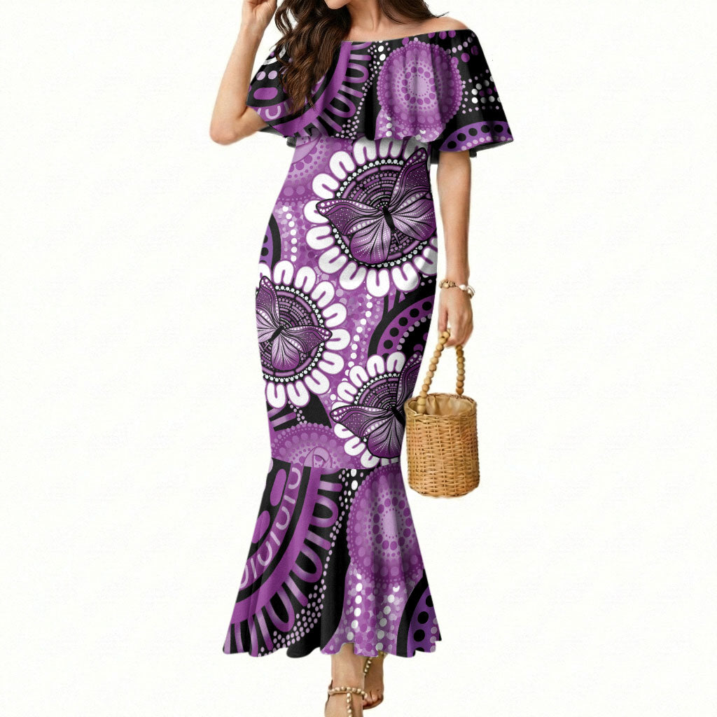 Australia Indigenous Butterflies Personalised Mermaid Dress Lupus Support Purple Ribbon Aboriginal Art