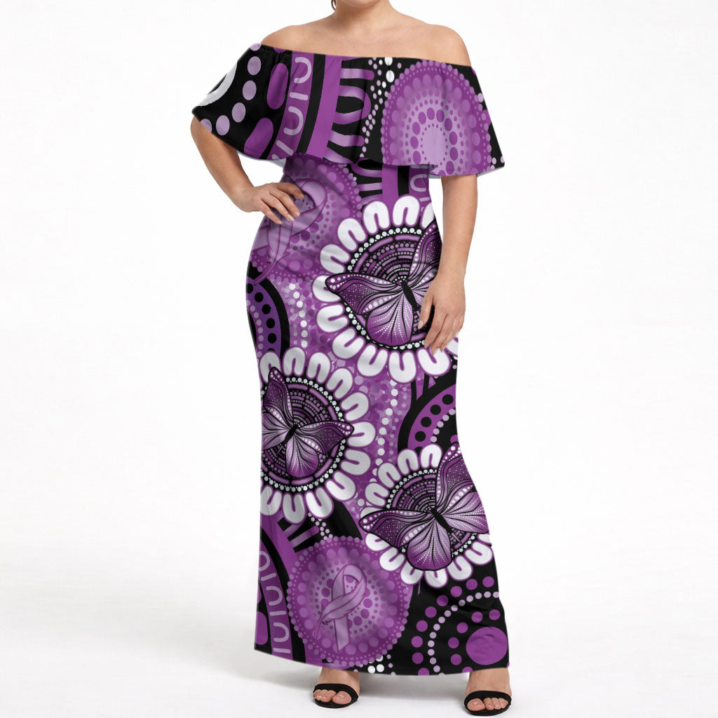 Australia Indigenous Butterflies Personalised Off Shoulder Maxi Dress Lupus Support Purple Ribbon Aboriginal Art