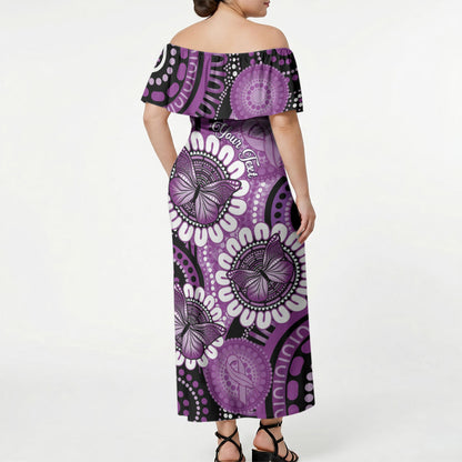 Australia Indigenous Butterflies Personalised Off Shoulder Maxi Dress Lupus Support Purple Ribbon Aboriginal Art