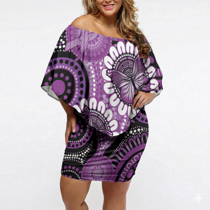Australia Indigenous Butterflies Personalised Off Shoulder Short Dress Lupus Support Purple Ribbon Aboriginal Art