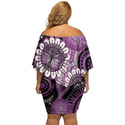 Australia Indigenous Butterflies Personalised Off Shoulder Short Dress Lupus Support Purple Ribbon Aboriginal Art