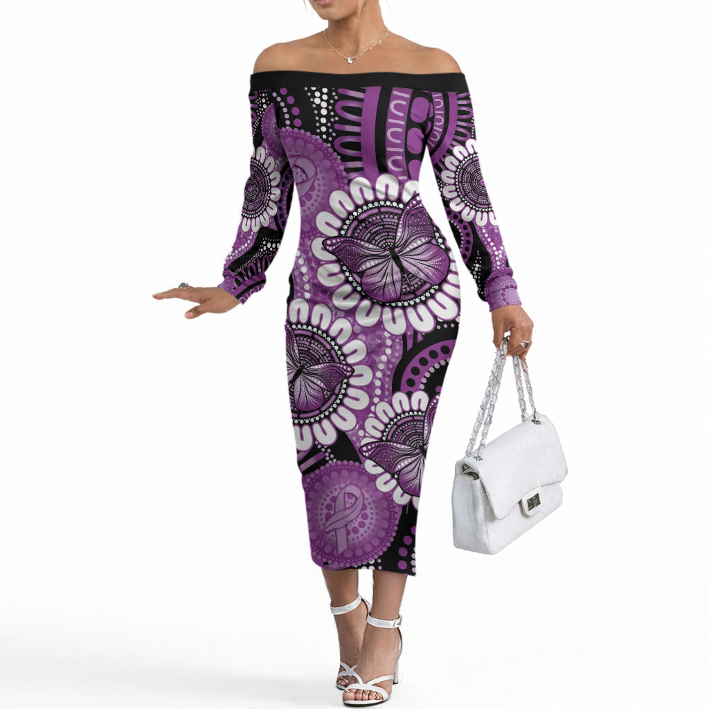 Australia Indigenous Butterflies Personalised Off The Shoulder Long Sleeve Dress Lupus Support Purple Ribbon Aboriginal Art
