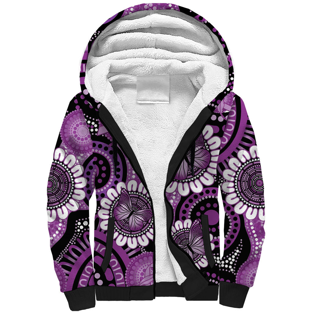 Australia Indigenous Butterflies Personalised Sherpa Hoodie Lupus Support Purple Ribbon Aboriginal Art