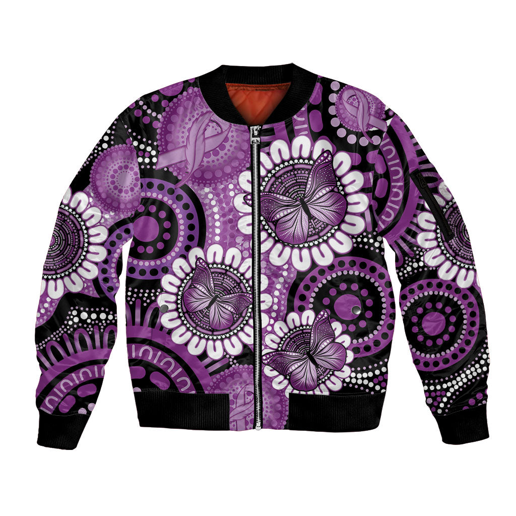 Australia Indigenous Butterflies Personalised Sleeve Zip Bomber Jacket Lupus Support Purple Ribbon Aboriginal Art