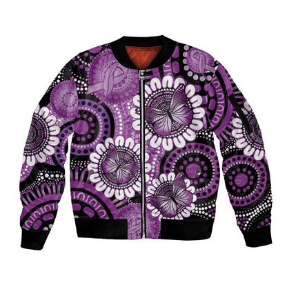 Australia Indigenous Butterflies Personalised Sleeve Zip Bomber Jacket Lupus Support Purple Ribbon Aboriginal Art
