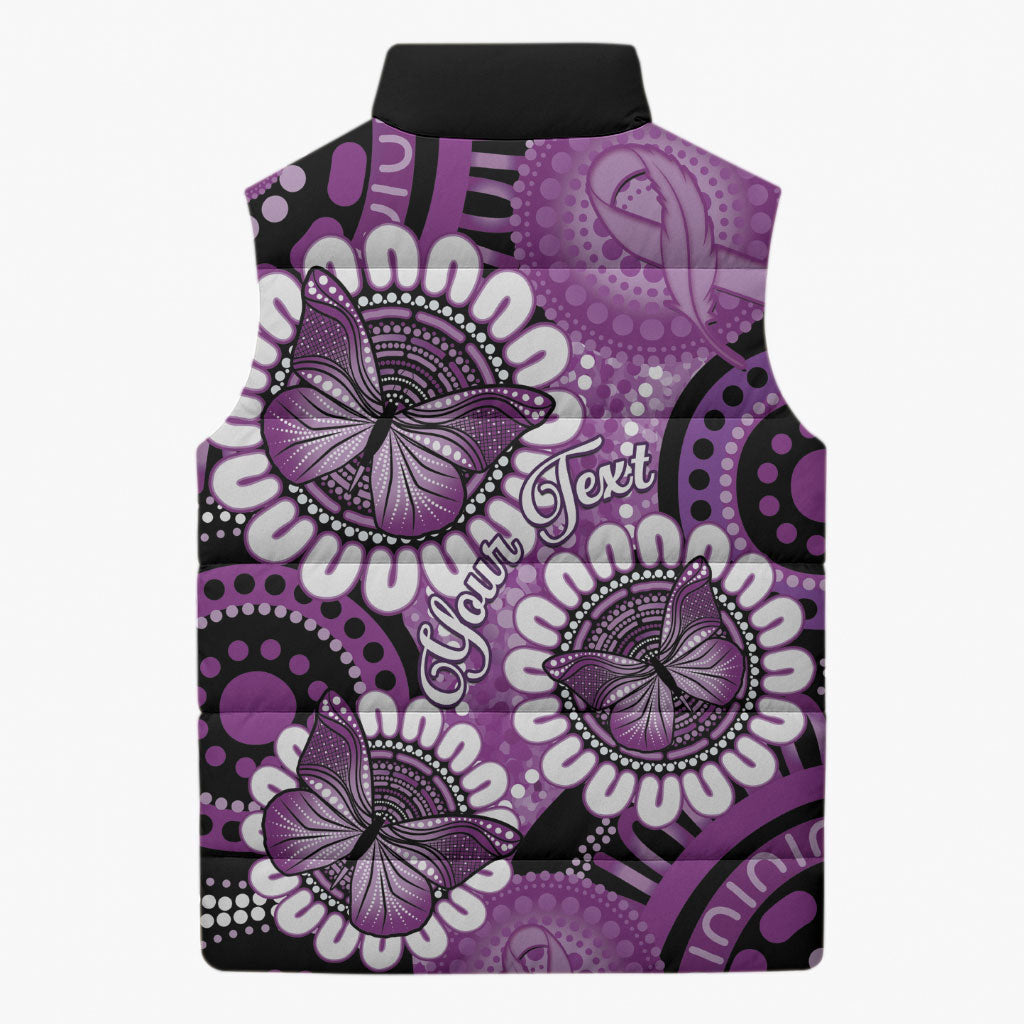 Australia Indigenous Butterflies Personalised Sleeveless Puffer Jacket Lupus Support Purple Ribbon Aboriginal Art