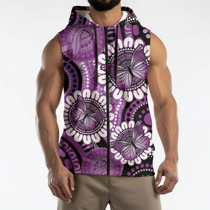 Australia Indigenous Butterflies Personalised Sleeveless Zip Hoodie Lupus Support Purple Ribbon Aboriginal Art