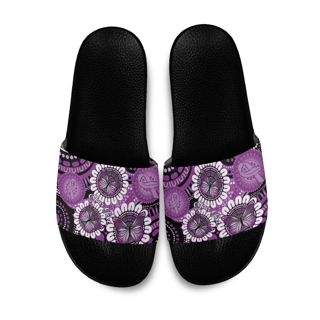 Australia Indigenous Butterflies Personalised Slide Sandals Lupus Support Purple Ribbon Aboriginal Art