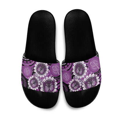 Australia Indigenous Butterflies Personalised Slide Sandals Lupus Support Purple Ribbon Aboriginal Art