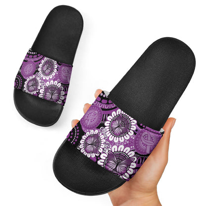 Australia Indigenous Butterflies Personalised Slide Sandals Lupus Support Purple Ribbon Aboriginal Art