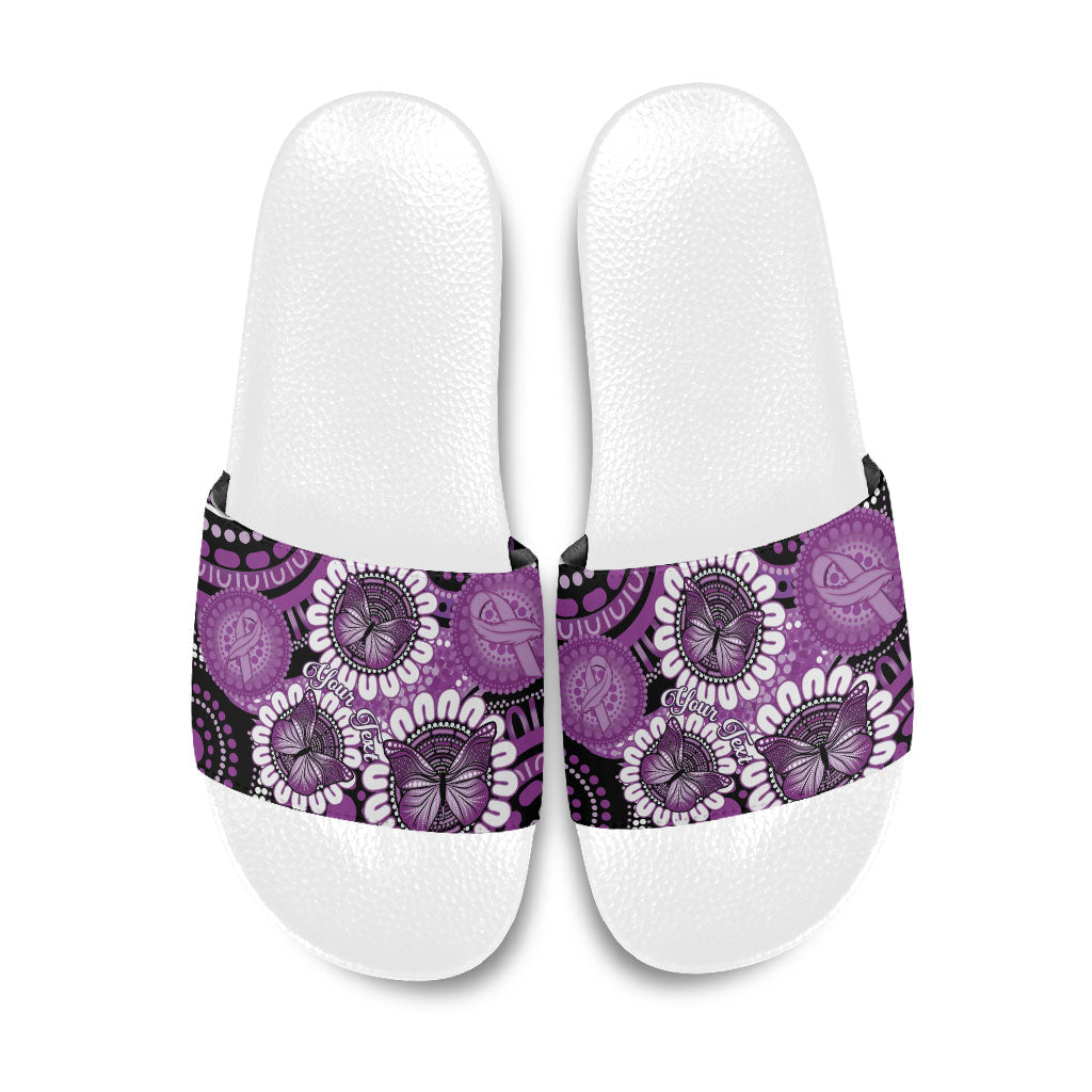 Australia Indigenous Butterflies Personalised Slide Sandals Lupus Support Purple Ribbon Aboriginal Art